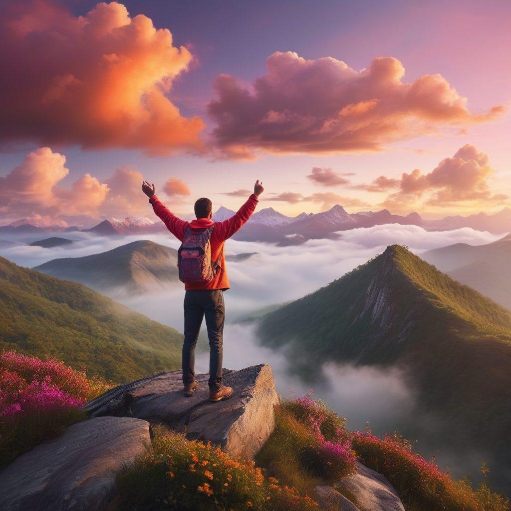 An inspiring scene of a confident man standing on a mountain peak at sunrise, arms raised in victory, surrounded by nature's beauty including lush greenery and misty clouds. The sky reflects warm colors of orange and pink, symbolizing new beginnings and empowerment. Include elements like a journal and a compass beside him, representing strategies and direction in life. super-realistic. vibrant colors. awe-inspiring atmosphere.