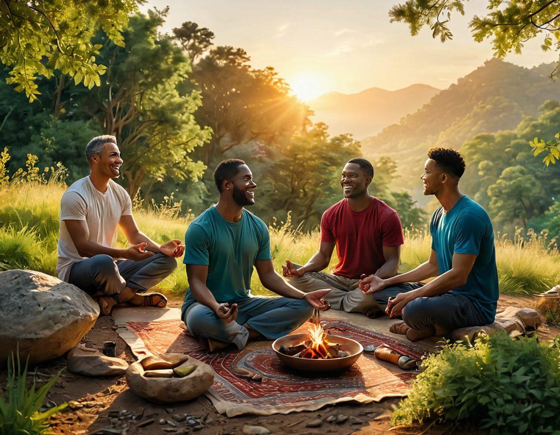 A serene scene capturing a diverse group of men engaging in joyful activities like meditation, hiking, and cooking together, surrounded by nature and vibrant greenery. Each man radiates happiness and contentment, sharing laughter and wisdom. The sun sets in the background, adding a warm golden light to the scene. super-realistic. vibrant colors. tranquil atmosphere.